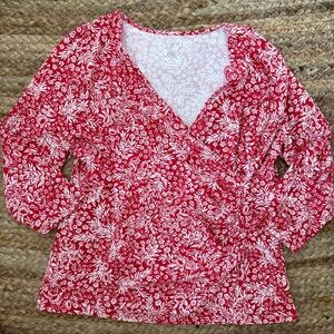 Talbots XL Red & White Stretchy V Neck Wrap style 3/4 Sleeve shirt